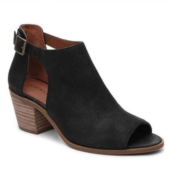 Lucky Brand Bannah Black Genuine Leather Peep Toe Cut Out Heeled Bootie, Size7.5 - Picture 1 of 13